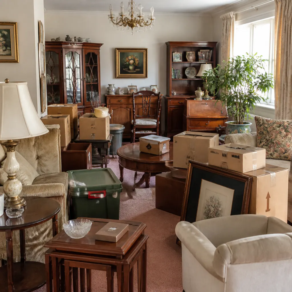 Preisfaktoren einer Wohnungsräumung Vollgestelltes Wohnzimmer als Beispiel für hohen Räumungsaufwand