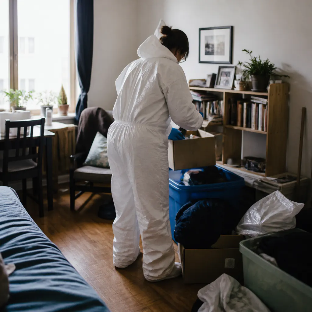 Messiewohnung räumen – Übersicht Fachkraft in Schutzkleidung bei der diskreten Räumung einer Messiewohnung
