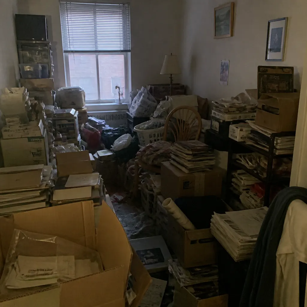 Herausforderungen einer Messiewohnung-Räumung Stark vollgestellter Raum vor einer professionellen Messiewohnung-Räumung