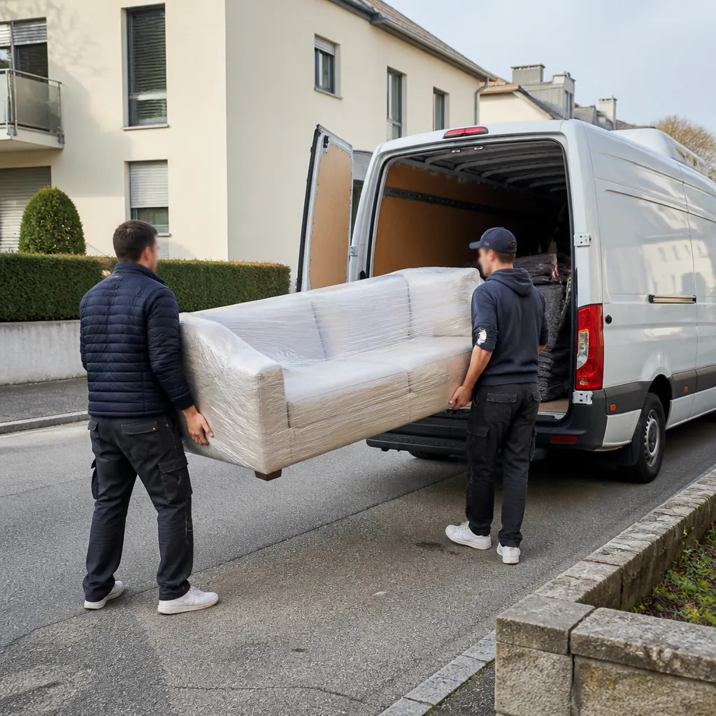Möbelentsorgung – Übersicht Möbelabholung: Sofa wird für die fachgerechte Entsorgung abtransportiert