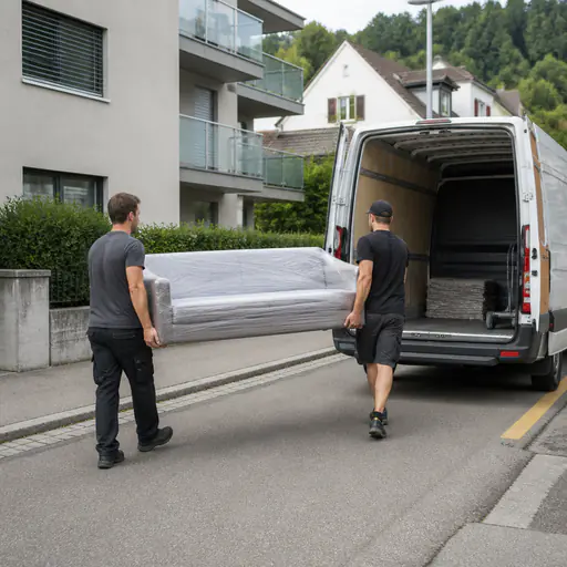 Möbelabholung: Sofa wird von zwei Personen in einen Transporter geladen