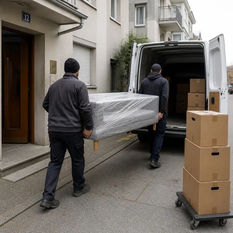 Umzugshelfer tragen Möbel und Kartons aus einer Wohnung in einen Transporter